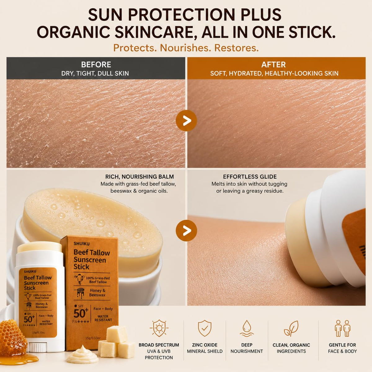 SHUIKU Barra De Protector Solar Orgánico De Sebo De Res Fps 50 – Protector Solar Mineral A Base De Sebo Con Miel Y Cera De Abejas Para Rostro Y Cuerpo, Bloqueador Solar Natural Resistente Al Agua, 15
