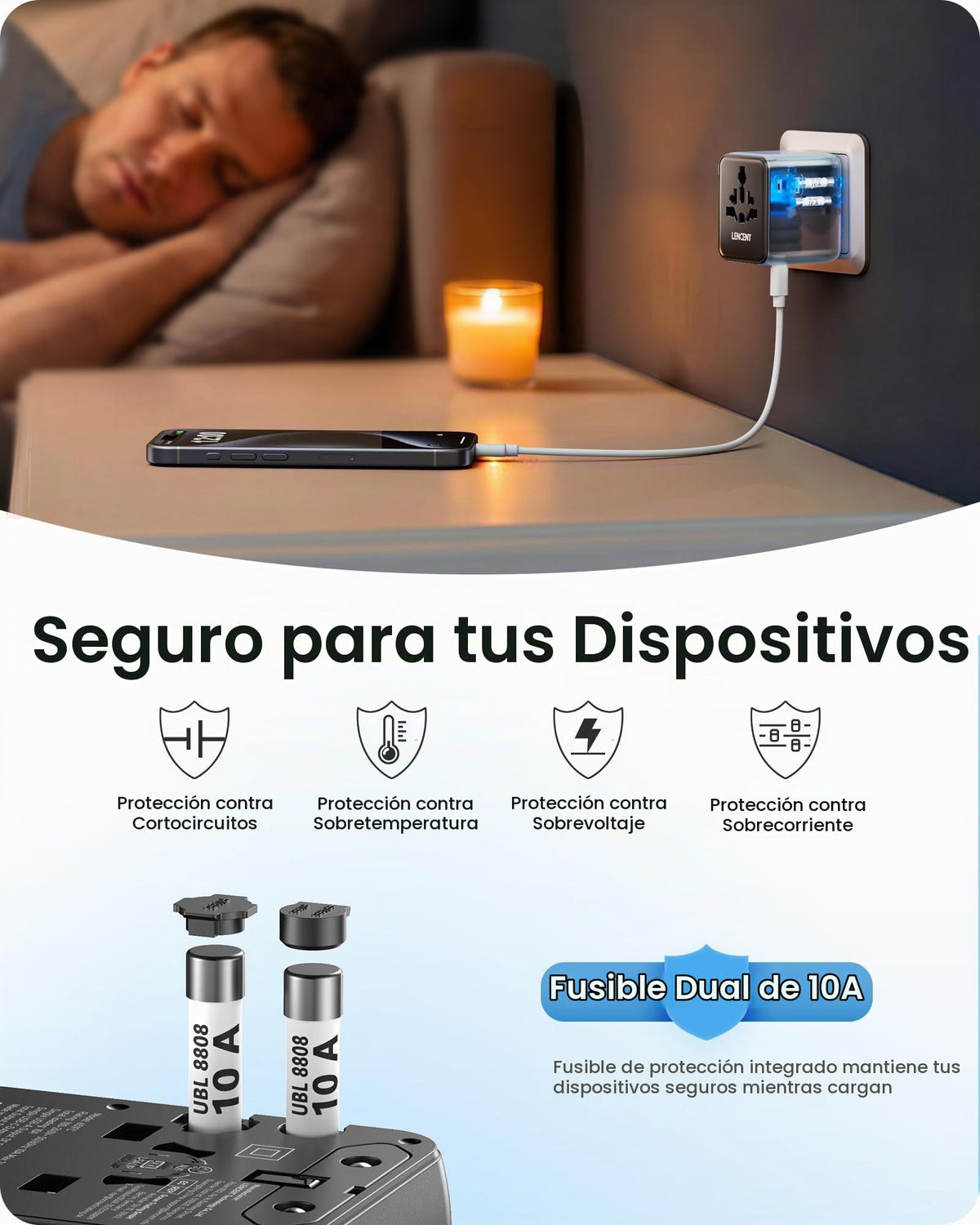 Adaptador de Viaje Universal LENCENT Blanco con Cargador Internacional