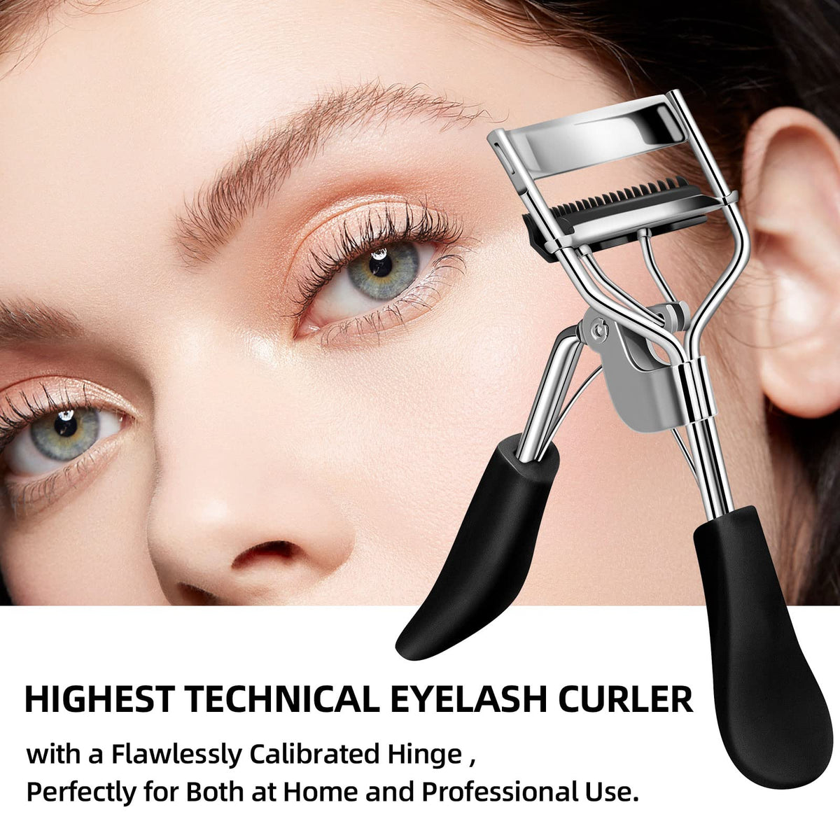 Zowor Rizador de pestañas con peine que se adapta a todas las formas de ojos, rizador de pestañas curvado, natural y de larga duración para mujer, regalo de maquillaje (negro)
