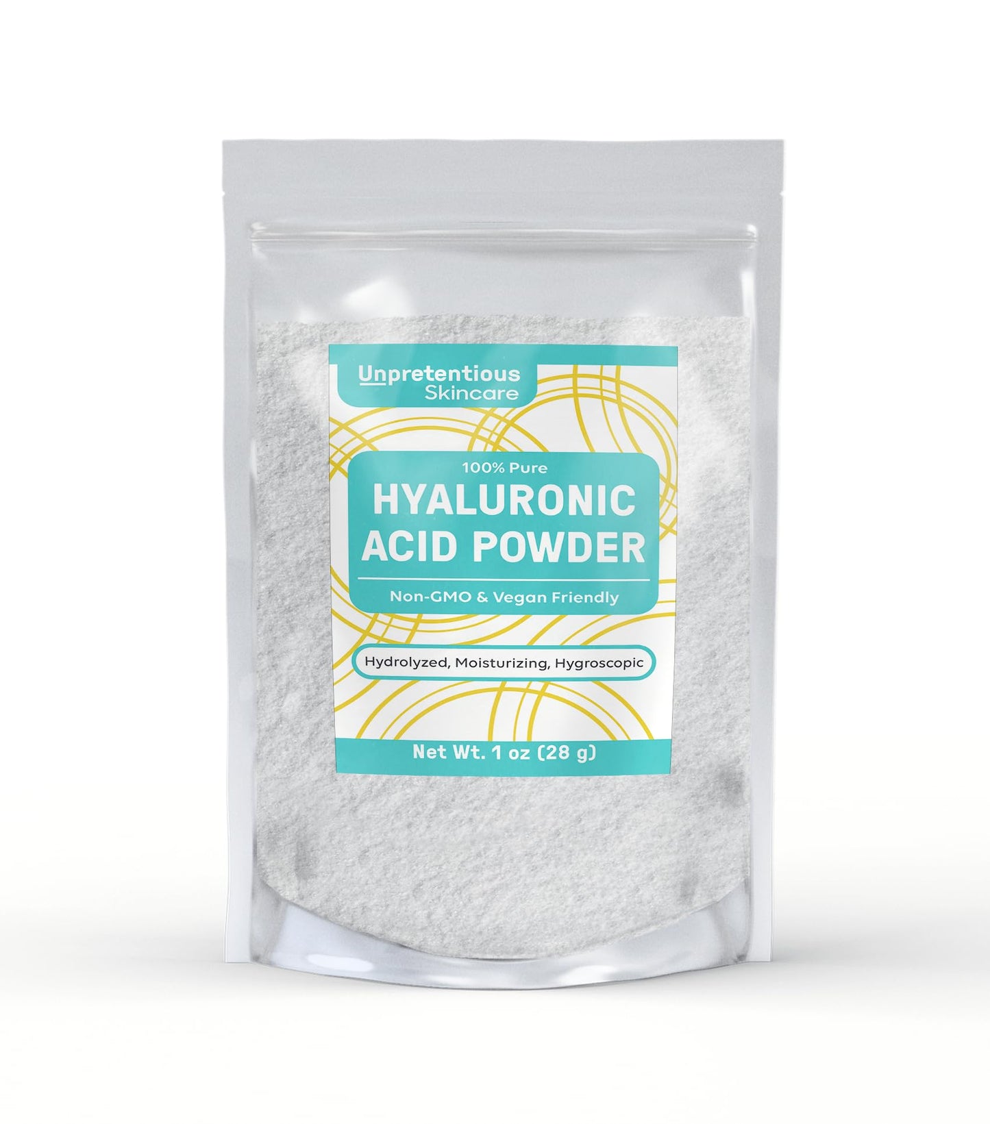 Polvo Ácido Hialurónico Sin Pretensiones Bolsa Transparente Resellable Grado Alimenticio y Cosmético 29.57ml