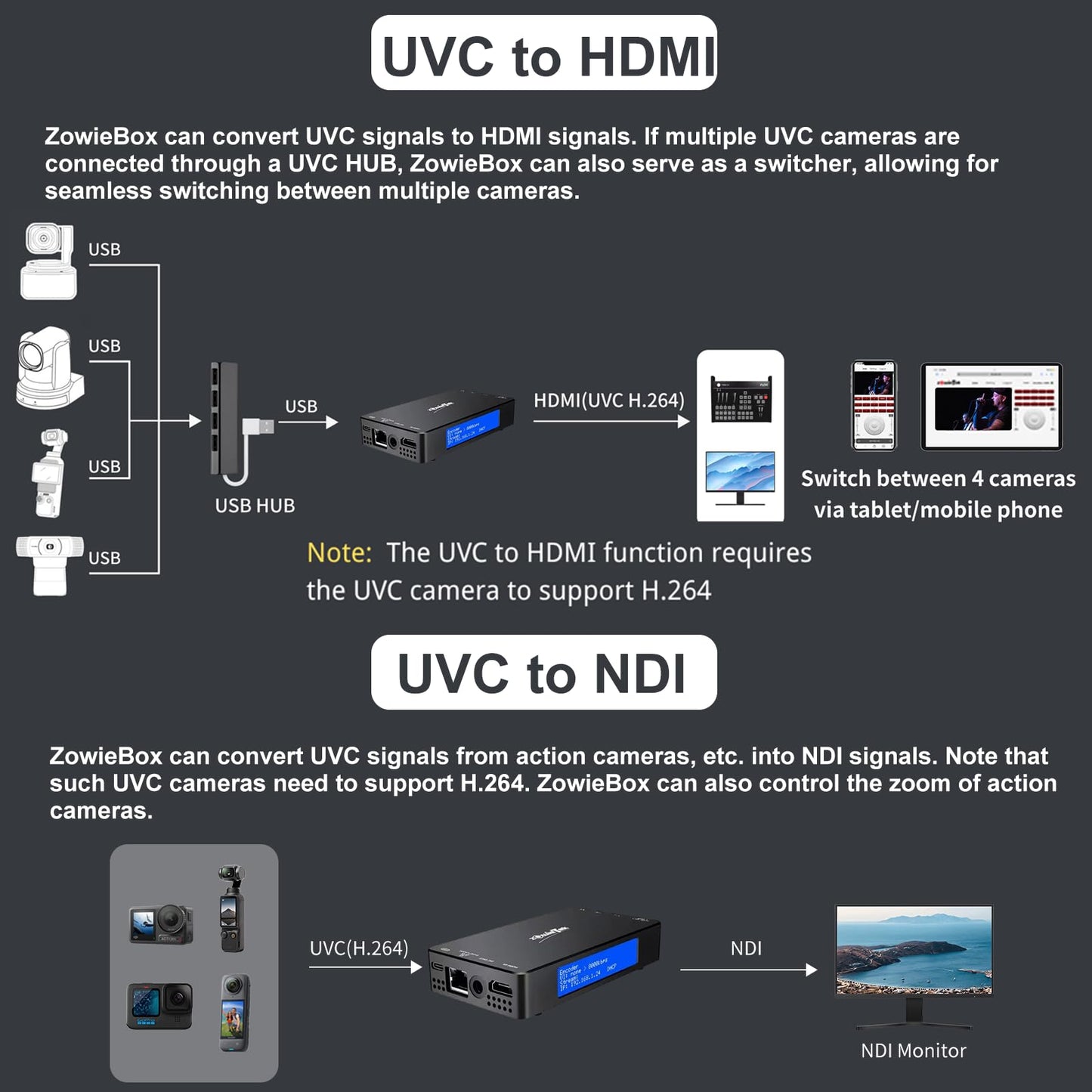 Zowietek Codificador/decodificador de vídeo HDMI 4K, ZowieBox, NDI | Convertidor/Reproductor HX3, UVC a HDMI, Captura y Grabador de Vídeo Pass-Through, SRT/RTMP(S)/RTSP, Transmisión en Vivo