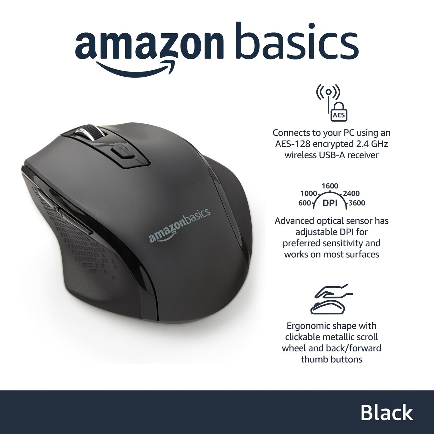 Ratón Ergonómico Inalámbrico Amazon Basics Negro con DPI Ajustable
