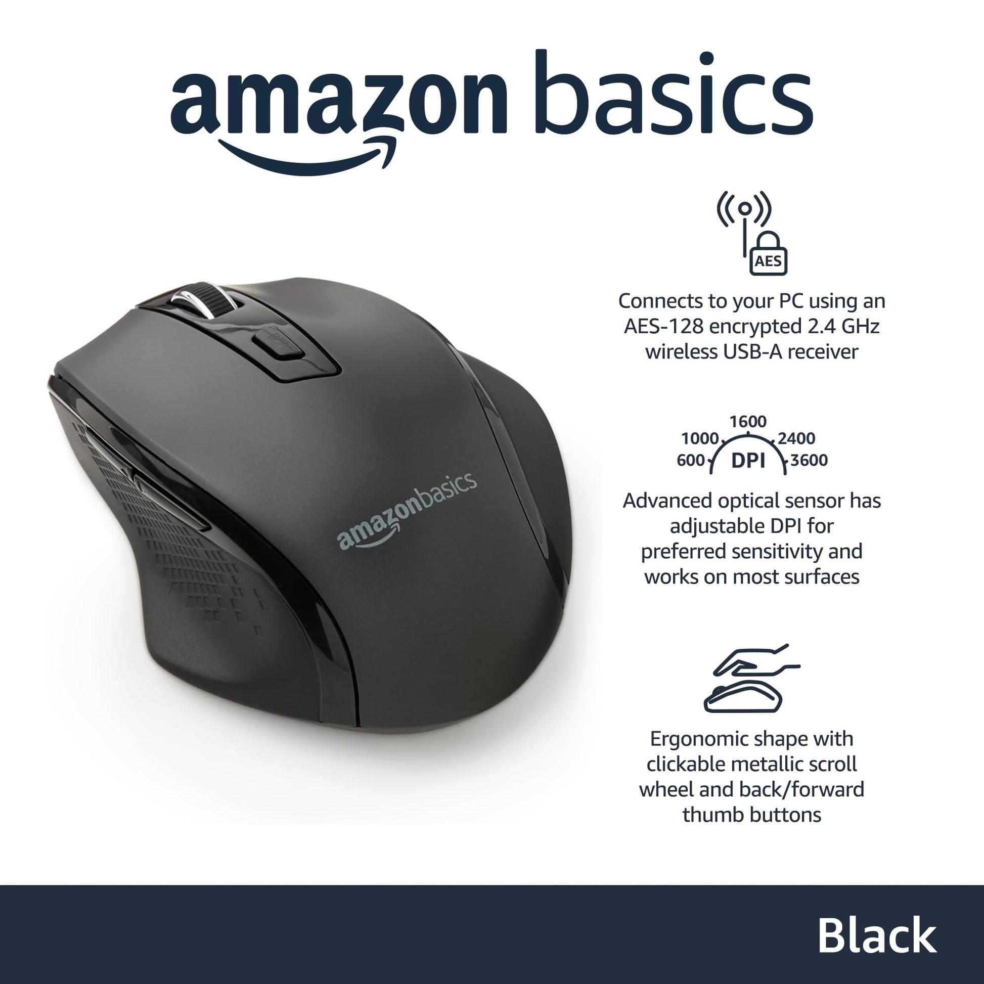 Ratón Ergonómico Inalámbrico Amazon Basics Negro con DPI Ajustable