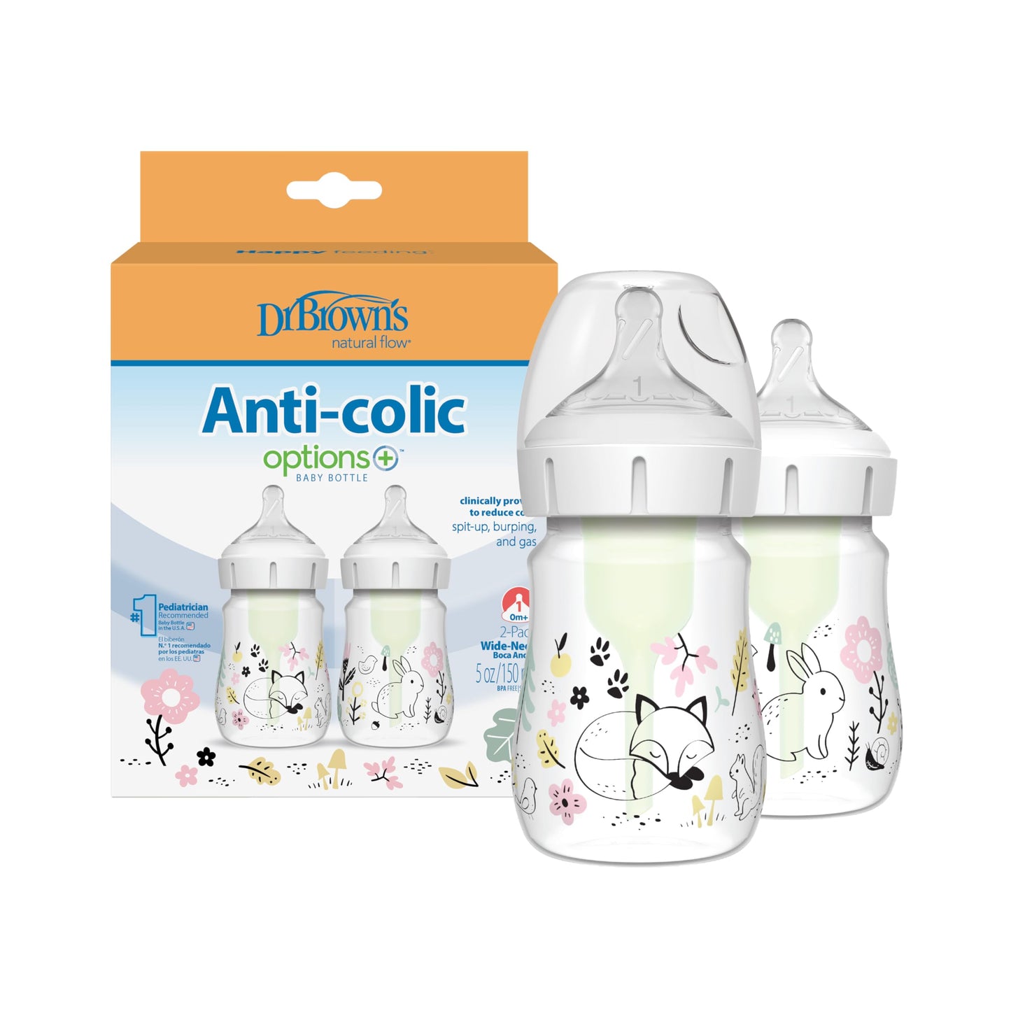 Biberón de Cuello Ancho Dr. Brown’s Natural Flow Anti-Colic Woodland para Bebé 5 oz 2-Pack