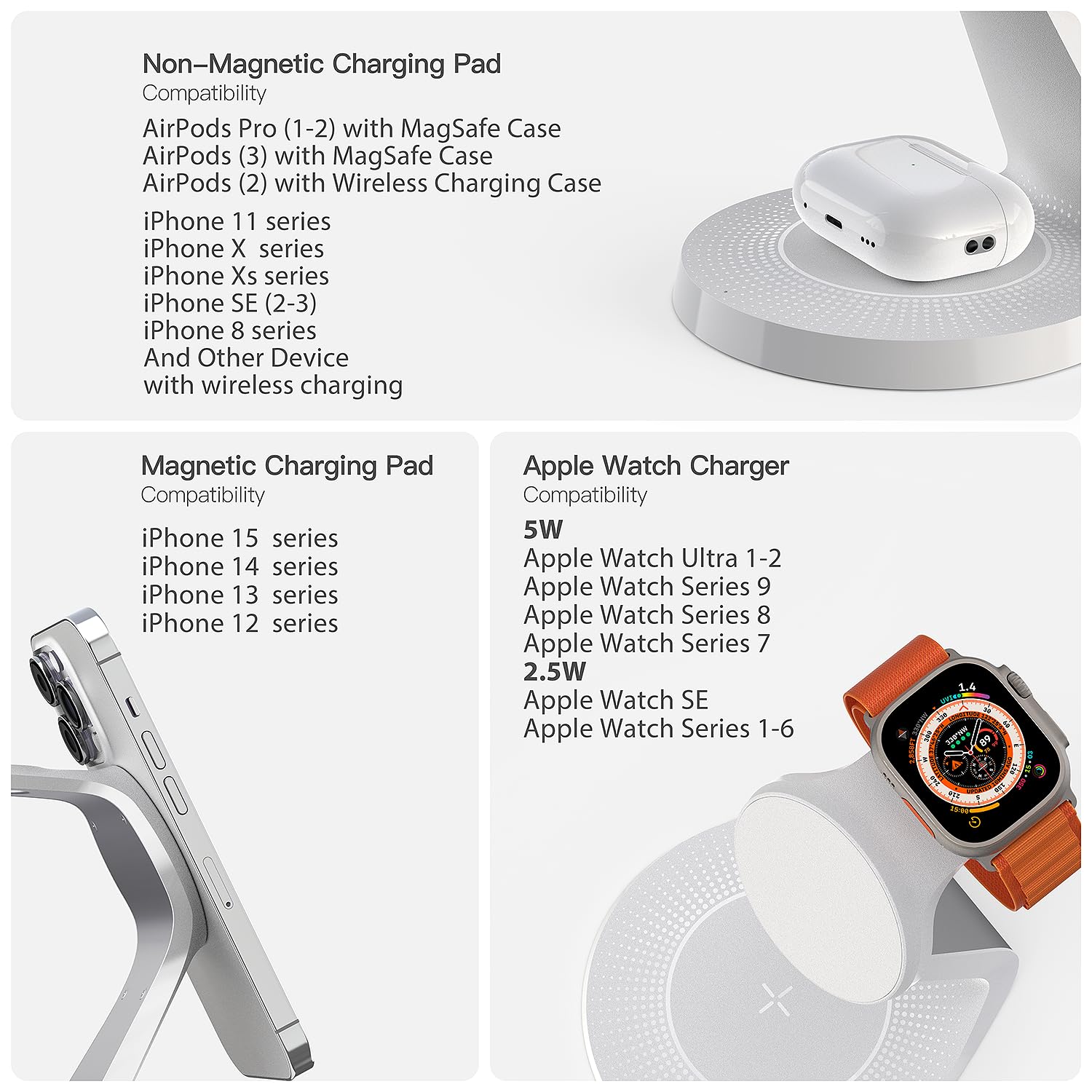 LONGCONN Estación de carga 3 en 1 para dispositivos Apple, soporte de carga rápida Mag-Safe, cargador inalámbrico para iPhone 15/14/13/12, y AirPods, y iWatch, LK-221-W-VINE