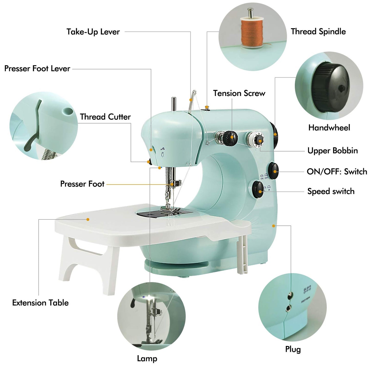 Maquina Portatil de Coser, Maquina de Coser mini de Coser Electrica Portátil Automático, Kit de accesorios de costura, Doble Velocidades Controlar Hilo Doble con Luz, para Ropa, Sábanas, Cremallera