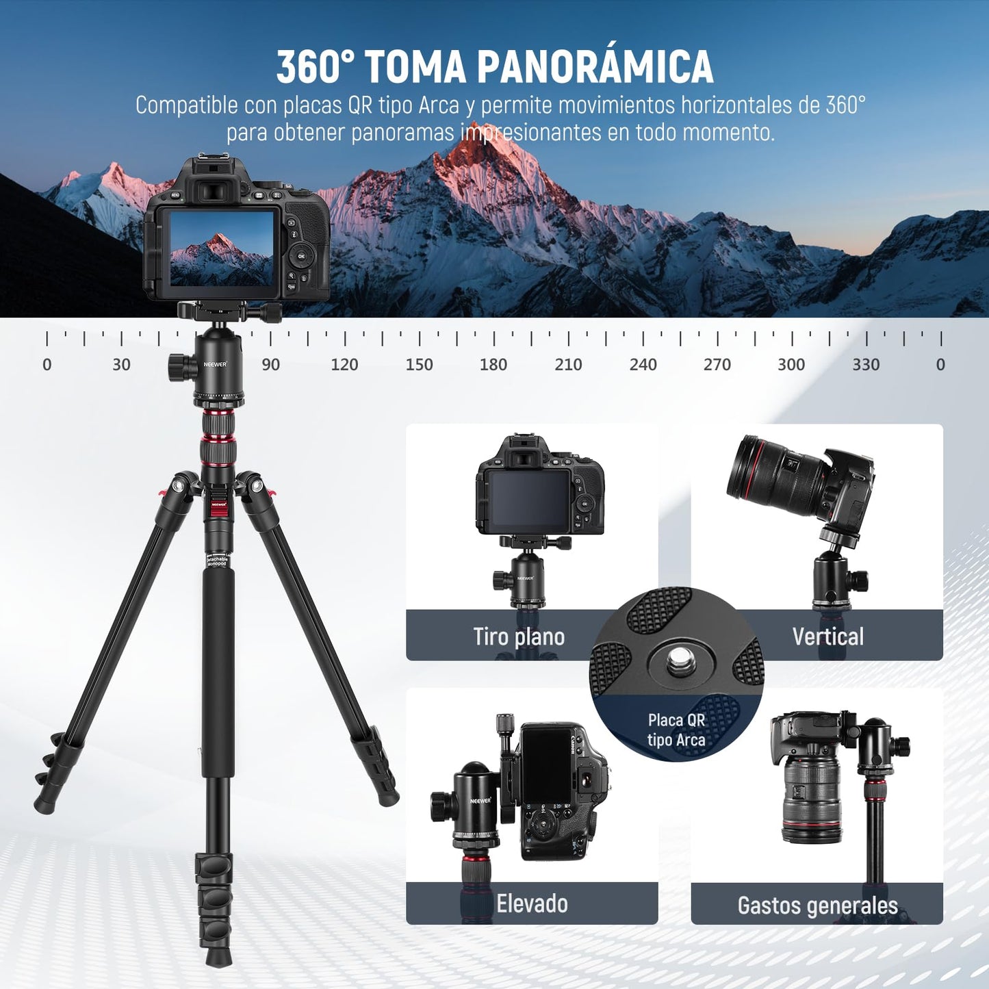 Trípode de Cámara Neewer Aluminio Compacto con Rótula Panorámica para Fotografía Profesional