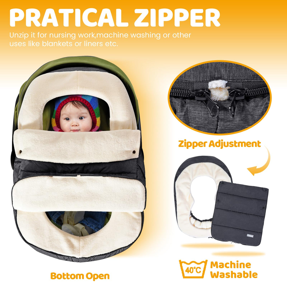 Funda de Asiento de Coche Orzbow Beige con Cuello Ajustable para Bebés de Invierno