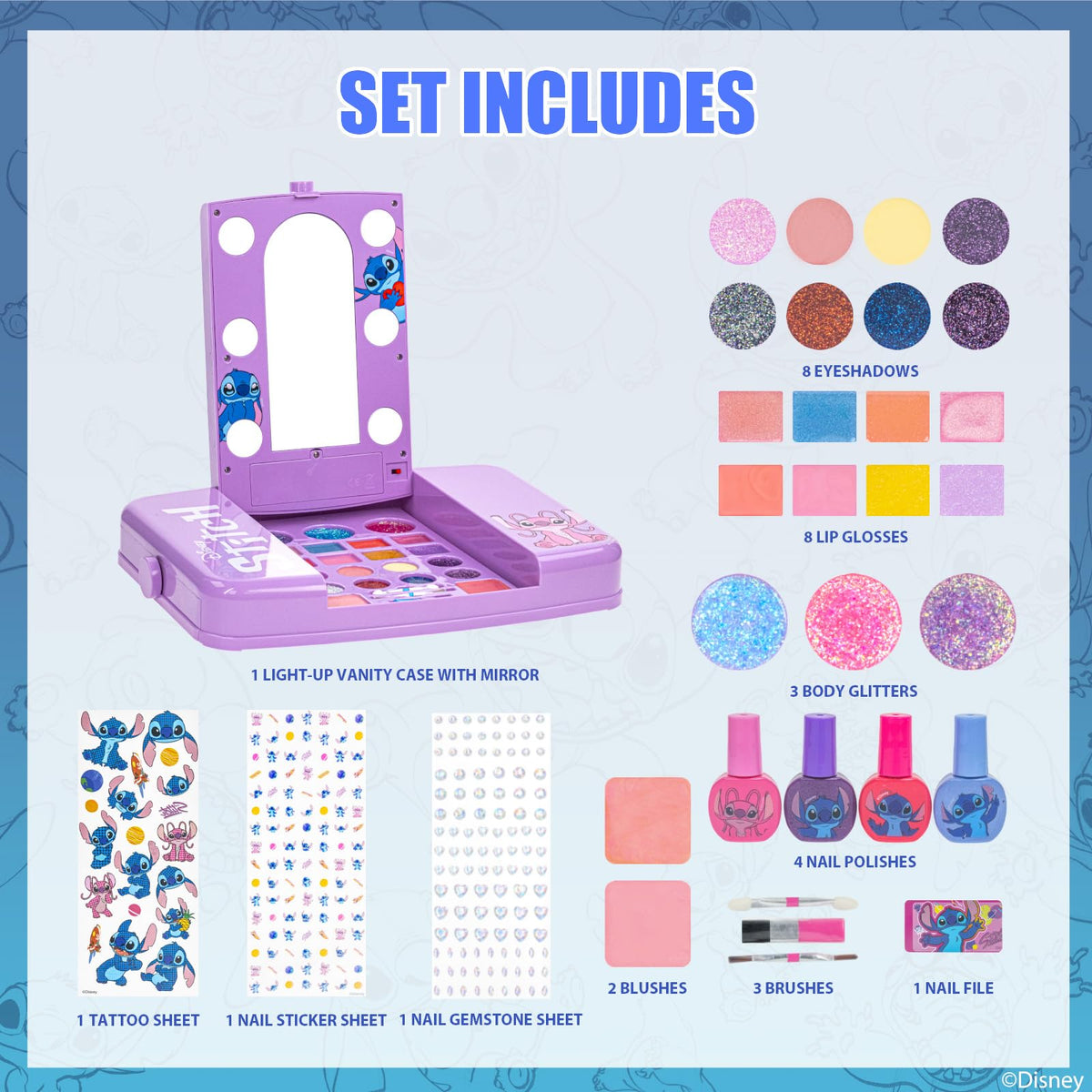 Stitch Set de Maquillaje con Espejo Luminoso Gloss y Esmalte