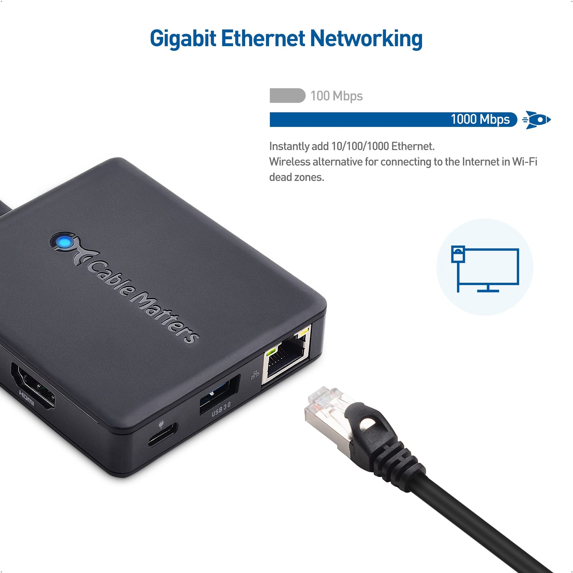 Cable Matters Hub USB C 7 en 1 con visualización triple (HDMI, DisplayPort, VGA), 2 USB 3.0, Gigabit Ethernet, carga de 100 W, Thunderbolt 4/USB 4/USB4 compatible con MacBook Pro, Dell XPS, Surface