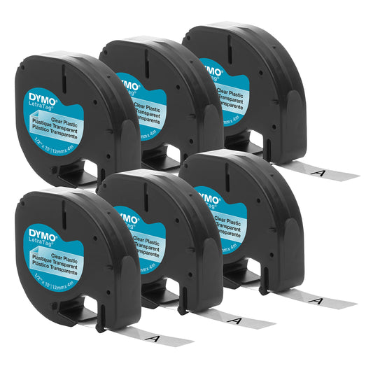DYMO - Cinta de etiquetado de plástico auténtica LT para fabricantes de etiquetas LetraTag, 1/2 pulgadas (12 mm), impresión negra en cinta transparente, paquete de 6