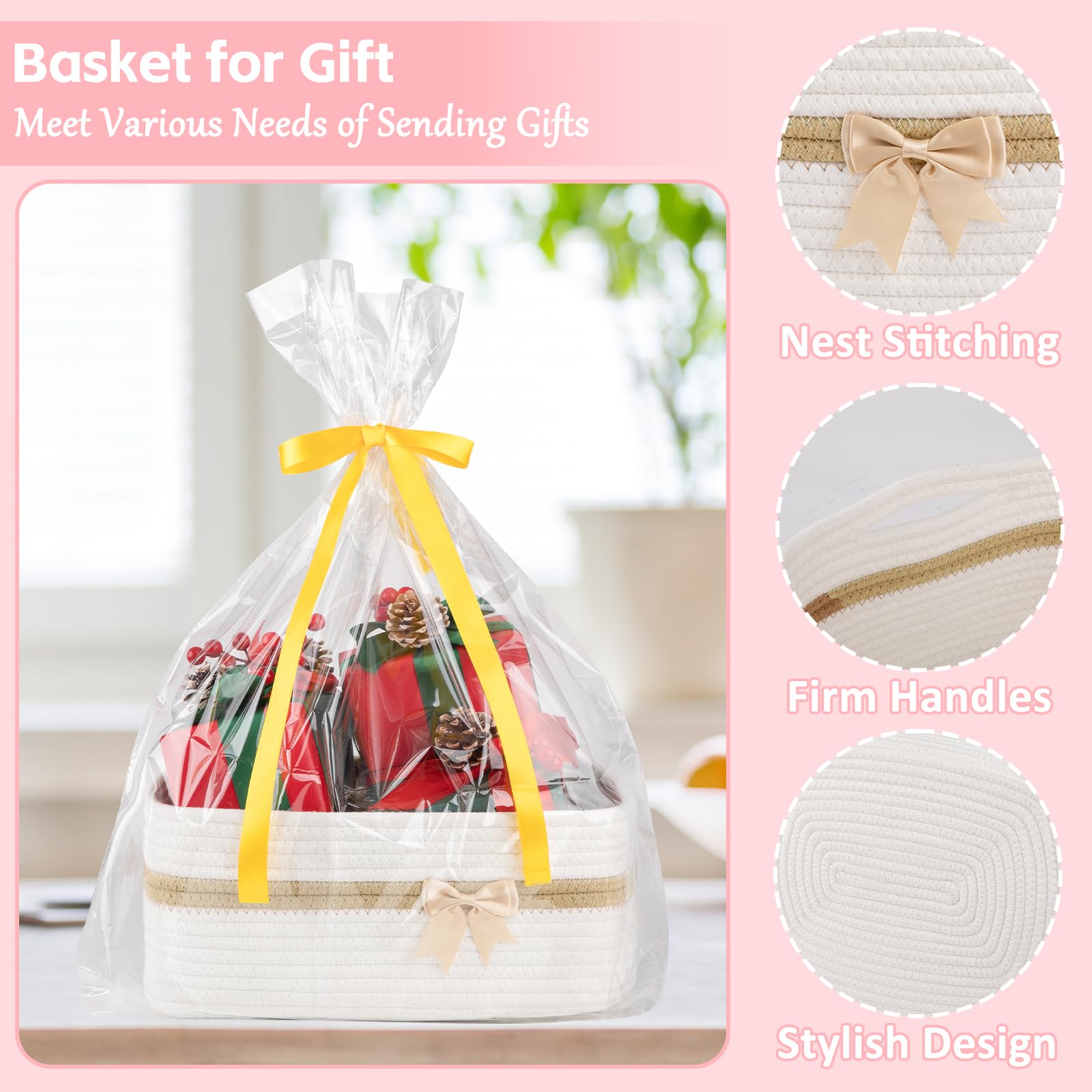 OIAHOMY - Cesta de almacenamiento tejida grande con asas para guardería, estantes de sala de estar, cesta de lazo para regalos vacía con bolsas de regalo y cintas para baby shower, contenedor de