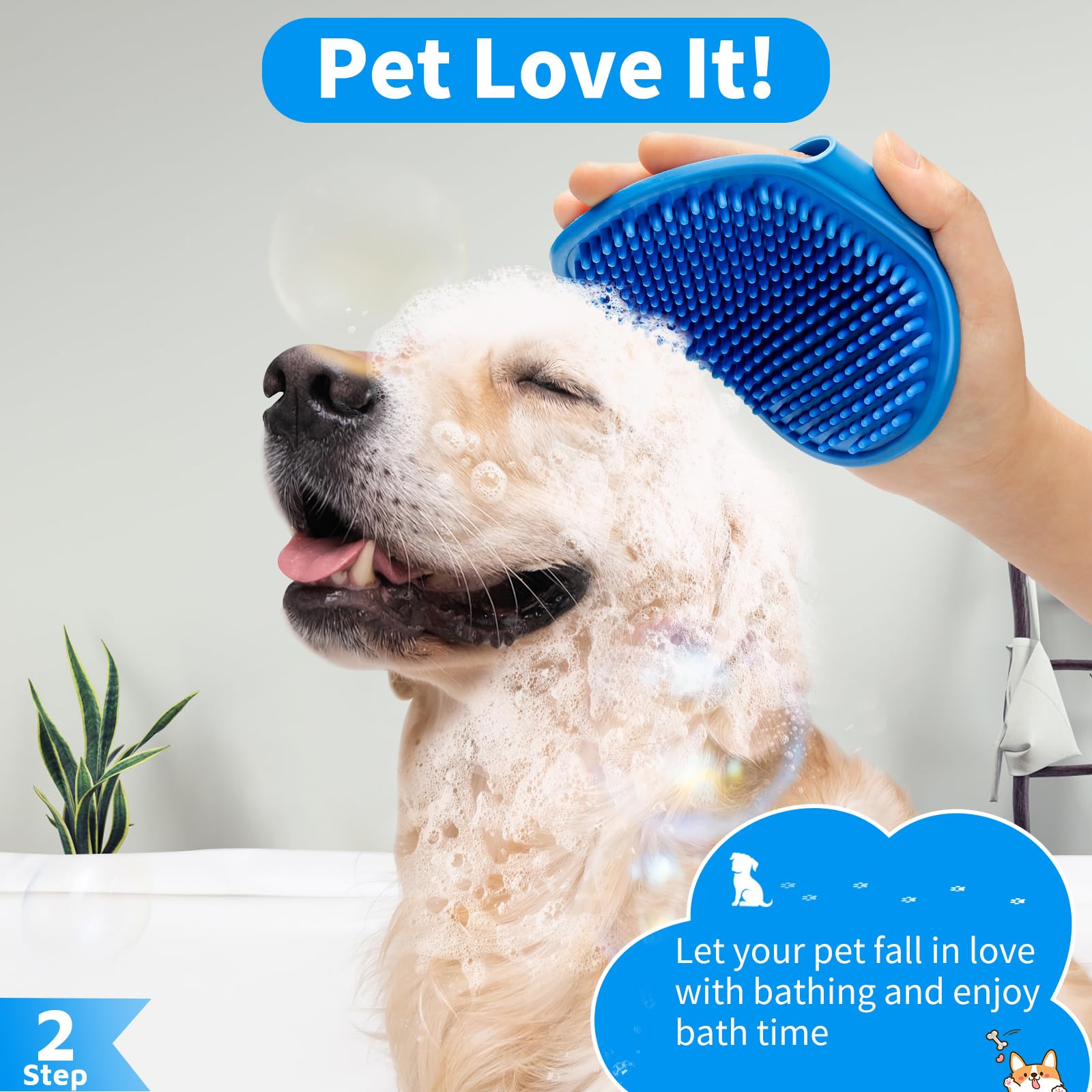 Comotech - 3 cepillos de baño para perros, cepillo para polvo de champú para perros, limpiador para perros, aseo y lavado con mango de anillo ajustable para perros y gatos de pelo corto y largo (azul