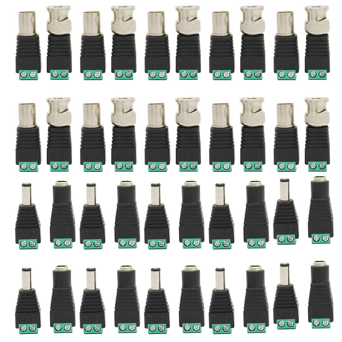 Didamx 40 unidades macho hembra DC Power Jack adaptador y BNC macho hembra Balun conector para cámara de seguridad CCTV
