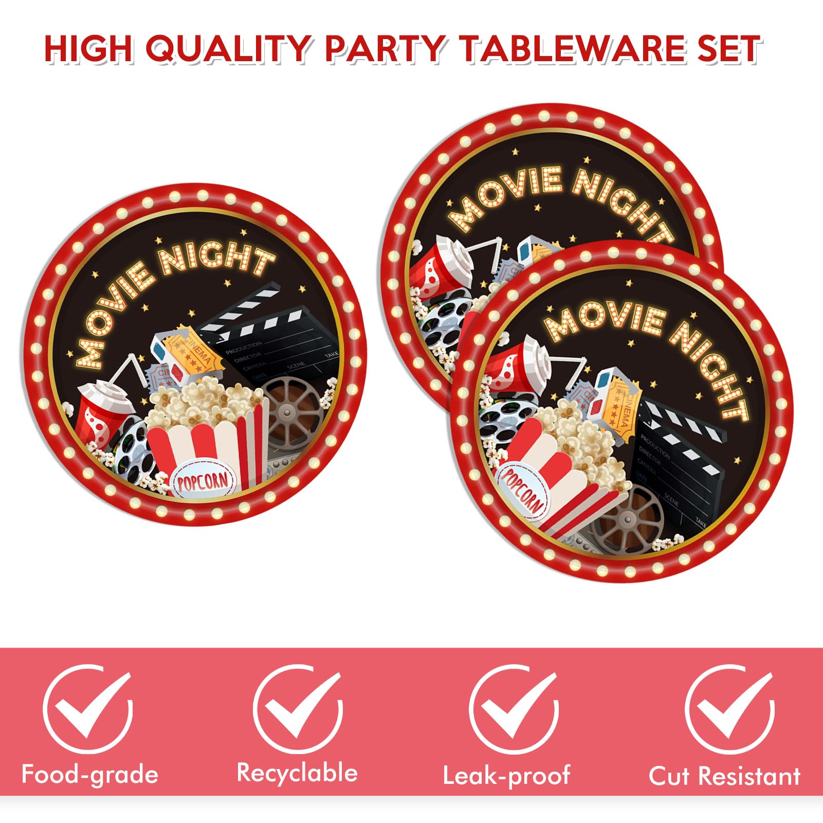 DURYGEN - Juego de 40 piezas de artículos de fiesta de cine con temática de cumpleaños, platos y servilletas desechables para decoración de fiesta temática de película