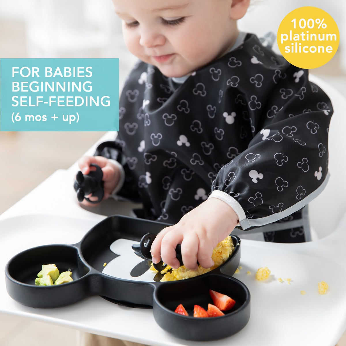 Bumkins Disney Mickey Mouse - Dispositivo de agarre de silicona, para entrenamiento de 6 meses, base de succión, 100% silicona apta para alimentos, apto para horno, microondas, congelador y lavaplatos