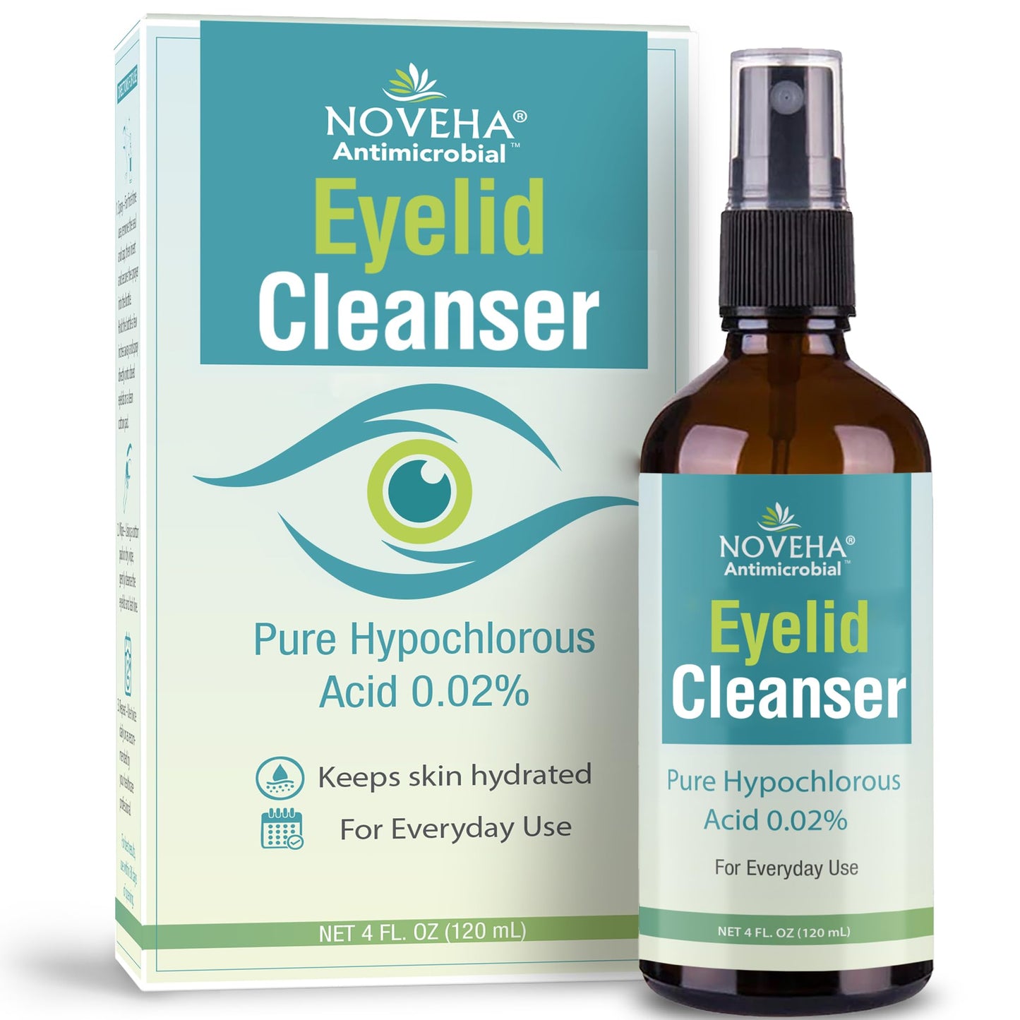 NOVEHA Limpiador de Párpados y Pestañas | Alivio Efectivo de Irritación, Ojos Secos, Orzuelos y Blefaritis, Ácido Hipocloroso Puro y Suave 0.02% Spray 120Ml (4Oz)