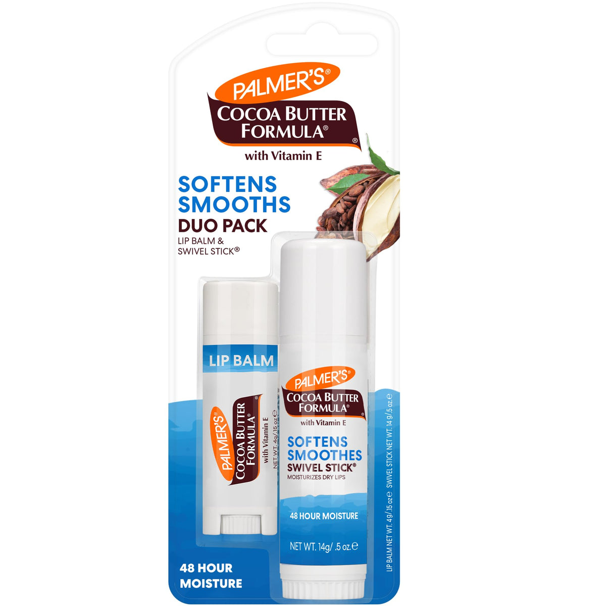 Palmer's Cocoa Butter Formula Duo-Pack Labial con Manteca de Cacao y Vitamina E, Bálsamo Protector Labial 4g y Swivel Stick Barra Humectante 14g, 48 Horas de Humectación, Dermatológicamente Probado
