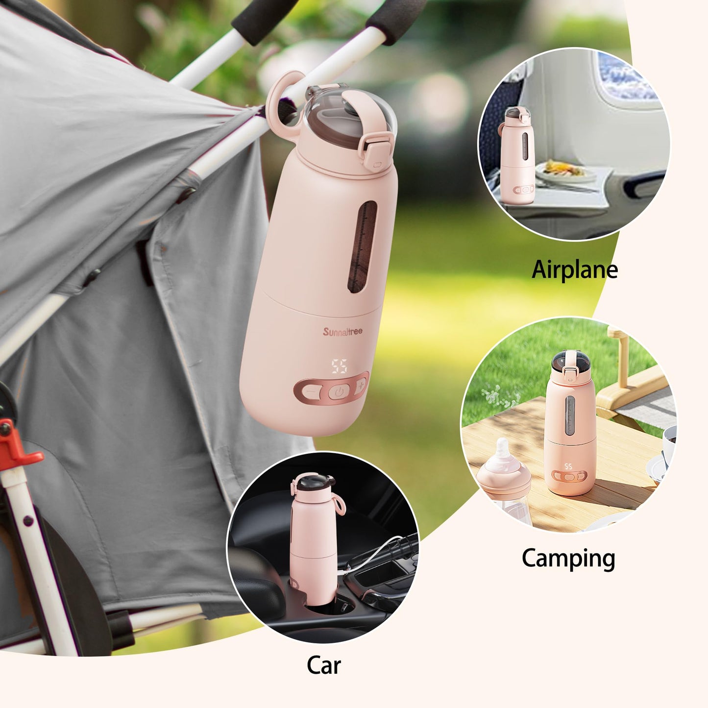 Calentador de biberones portátil rosa para viajes, calentador de leche para bebés con batería de 15000 mAh, recipiente para fórmula para llevar, calentamiento rápido para leche materna y fórmula, carga rápida e inalámbrico