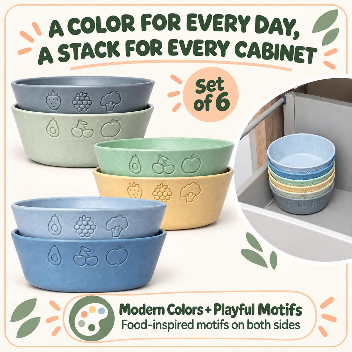FOODLE - Cuencos para niños con pajita de trigo sin BPA y probados de seguridad, aptos para lavaplatos y microondas, ligeros e irrompibles, cuencos para niños pequeños, 12 onzas (gris/azul/amarillo