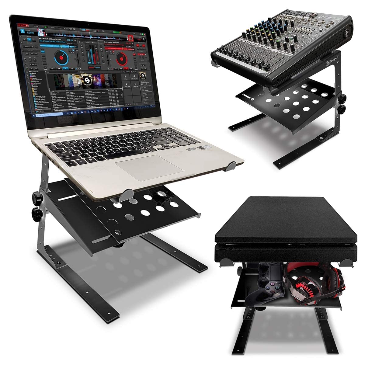 AxcessAbles - Soporte de DJ ajustable de dos niveles con abrazaderas | para controladores de DJ, mezcladores de música, portátiles de hasta 20 libras. | Soporte de driver de DJ compatible con