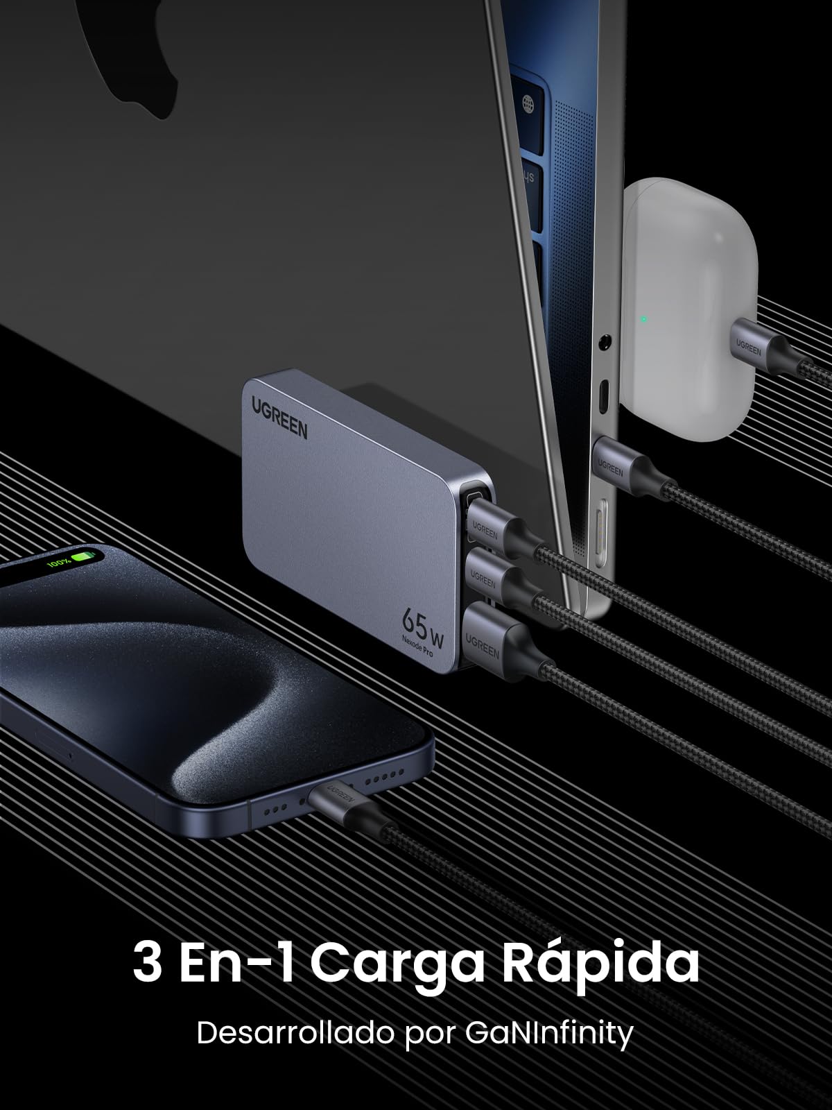 Cargador Tipo C UGREEN Nexode Pro 65W Ultradelgado 13MM Espacio Estrecho Pared Plana 3 Puertos Compatible Mac-Book Pro/Air iPhone16 15 S25 Ultra