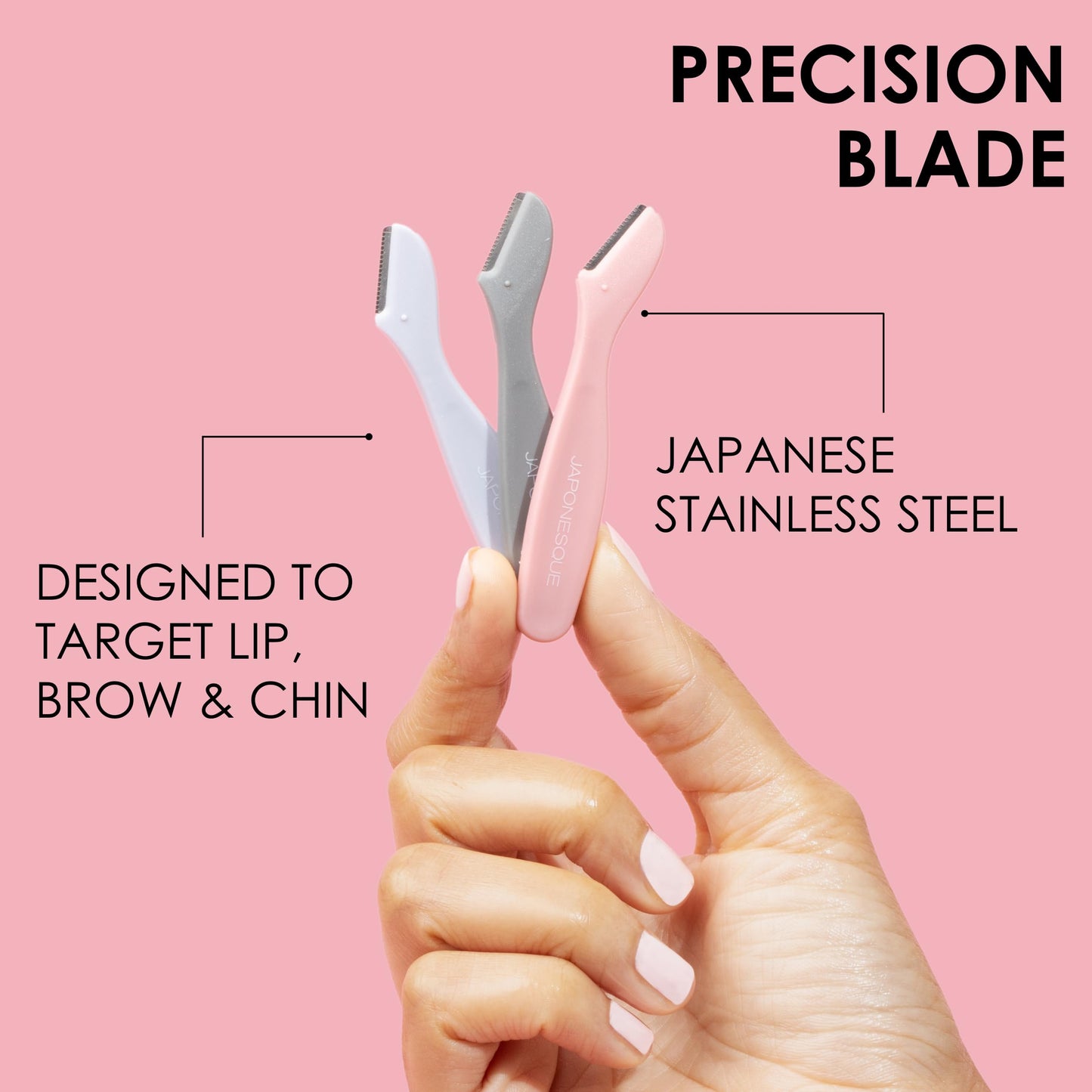 Japonesque- Mini afeitadoras de retoque - Juego de herramientas de dermaplaning de tamaño de viaje - Kit de 3 mini afeitadoras de viaje, afeitadora dermaplaning de una hoja fija para mujeres