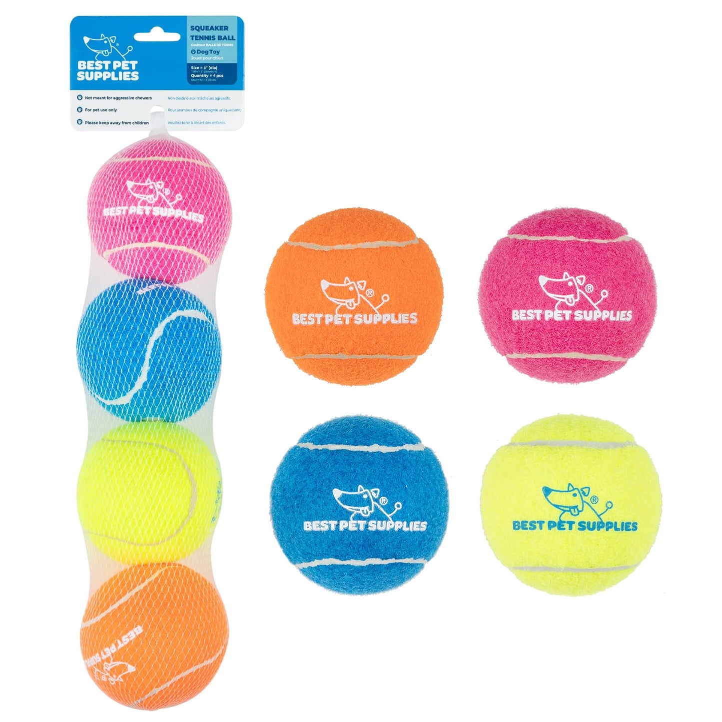 Best Pet Supplies - Pelotas de Tenis chirriantes para Perros, Paquete de 4, Juguetes interactivos de Alta Resistencia para lanzar y Buscar, apoya el Ejercicio y el Entrenamiento de Comportamiento