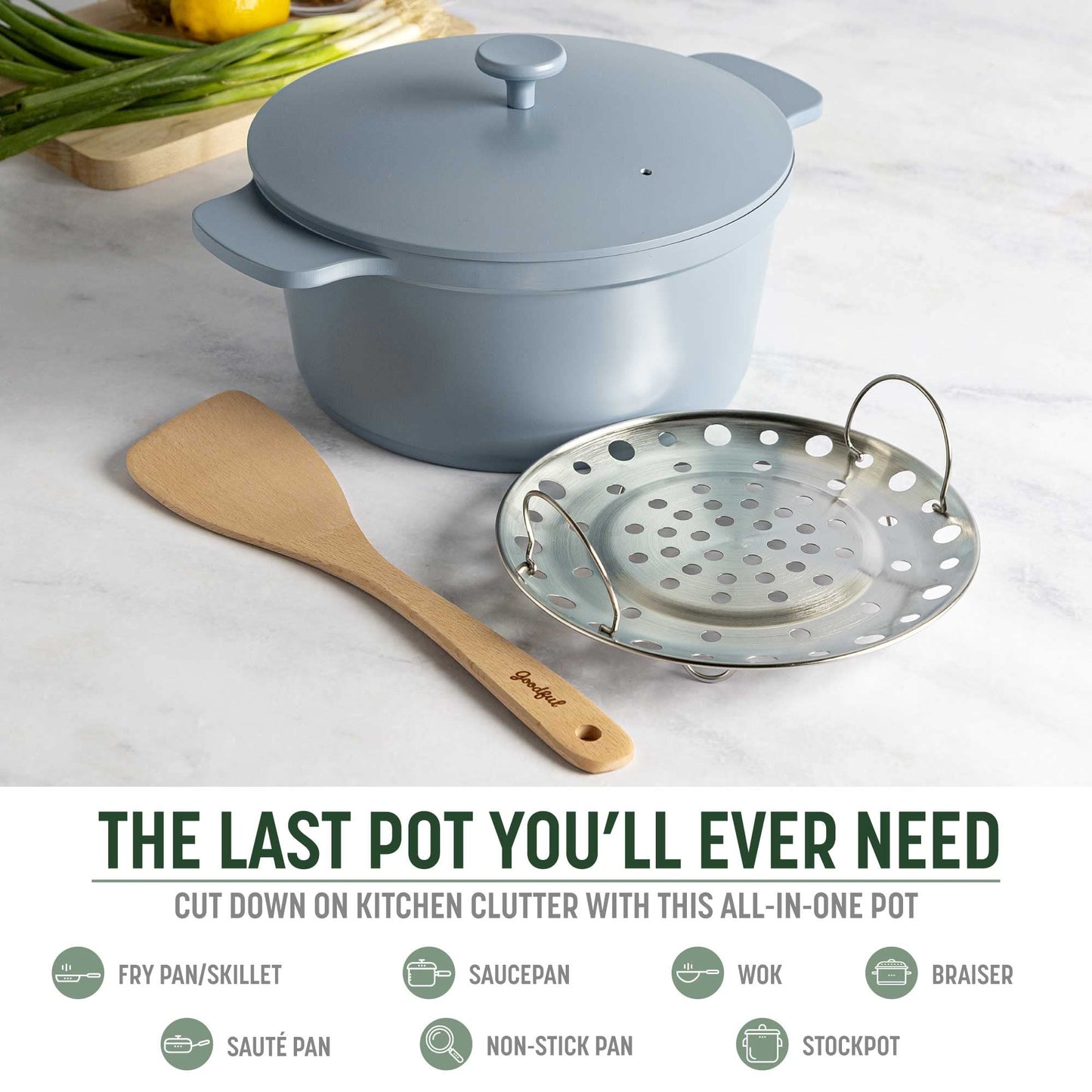 Goodful - Olla todo en uno, antiadherente de revestimiento múltiple, horno holandés fundido de alto rendimiento con tapa a juego, estante para asar y volteador, hecha sin PFOA, utensilios de cocina