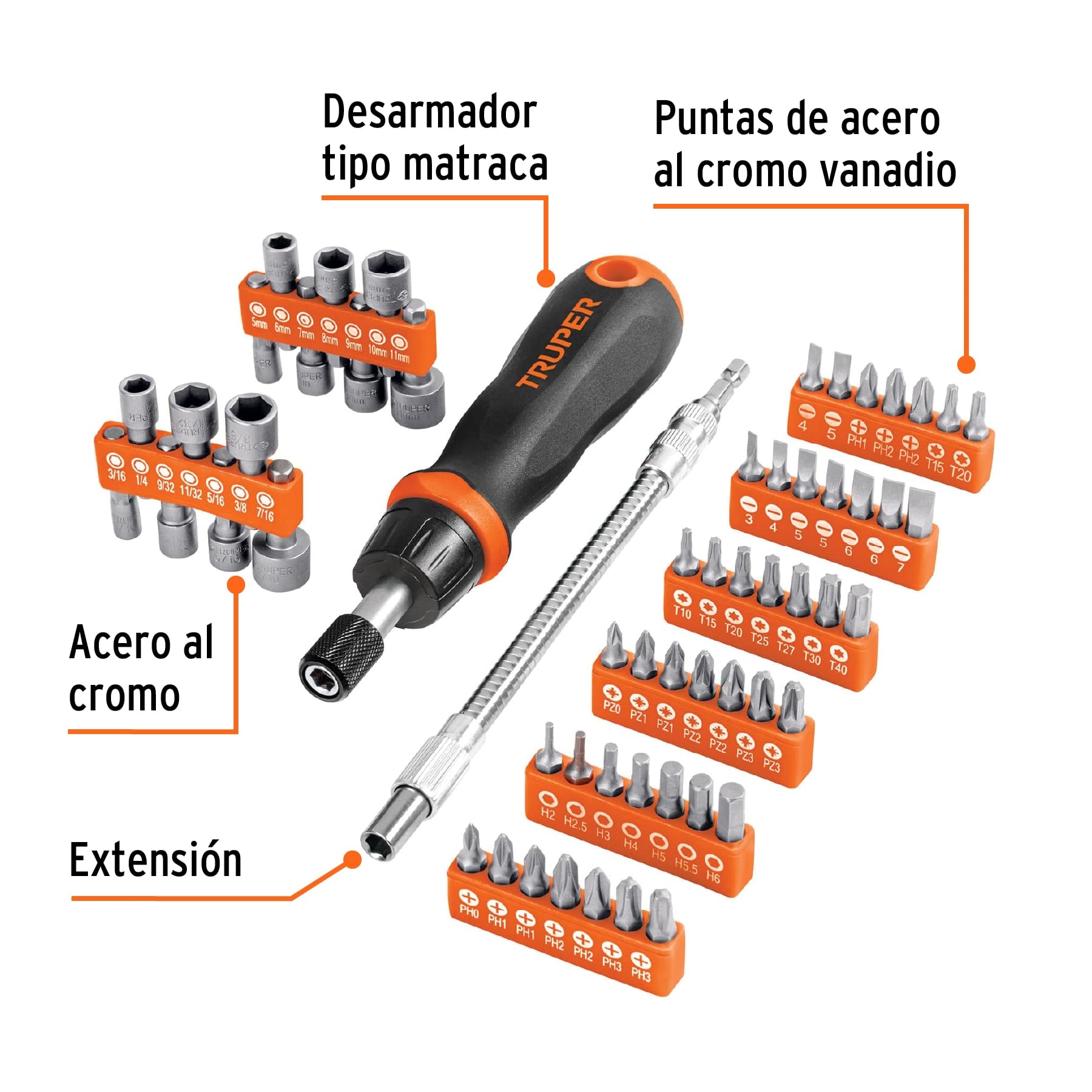 Desarmador Tipo Matraca Truper Naranja con 42 Puntas y 14 Dados