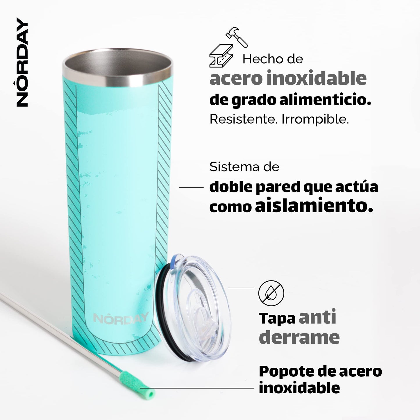 Vaso Térmico NORDAY Aqua Acero Inoxidable Doble Pared para Viaje 22 oz Antiderrame para Mujer y Hombre