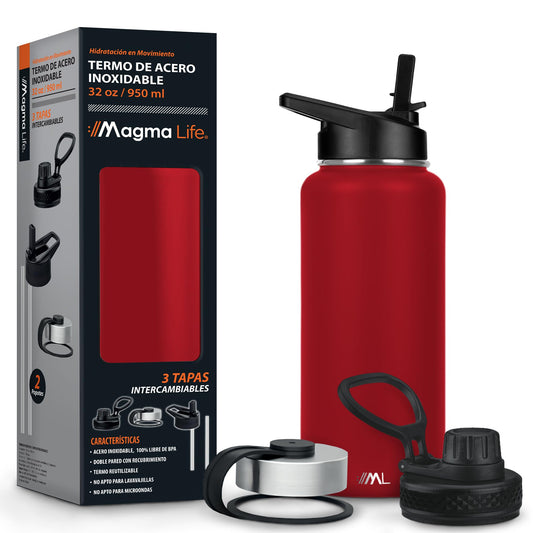 MAGMALIFE Termo de Acero Inoxidable 32 Oz (950 ml): Mantiene Caliente hasta 12 Horas y Frío hasta 24 Horas, Incluye 3 Tapas para Diferentes Bebidas, Rojo