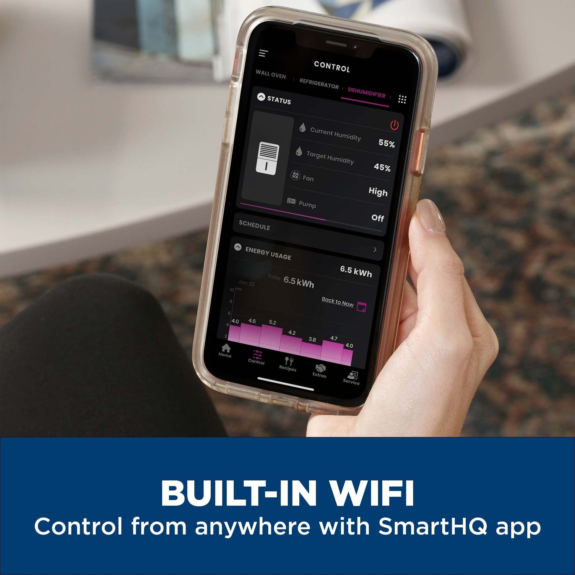 GE Smart Energy Star Deshumidificador portátil con WiFi para sótano, recámara, baño, cochera, habitaciones grandes de hasta 4500 pies cuadrados, 50 pintas con cubeta extraíble y conexión de drenaje