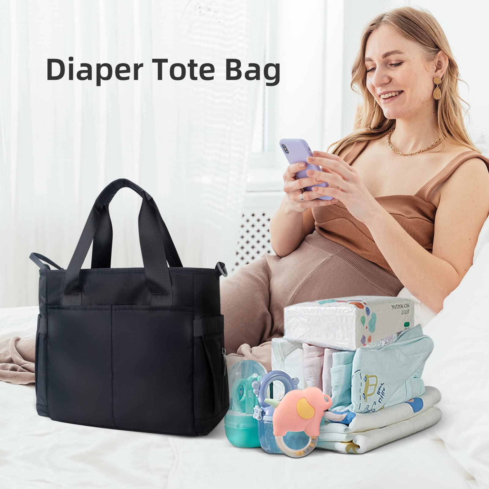PHEBEN - Bolsa de pañales impermeable para bebé con mensajero para mamá y papá, multifuncional, tamaño mediano, para viaje (color negro)