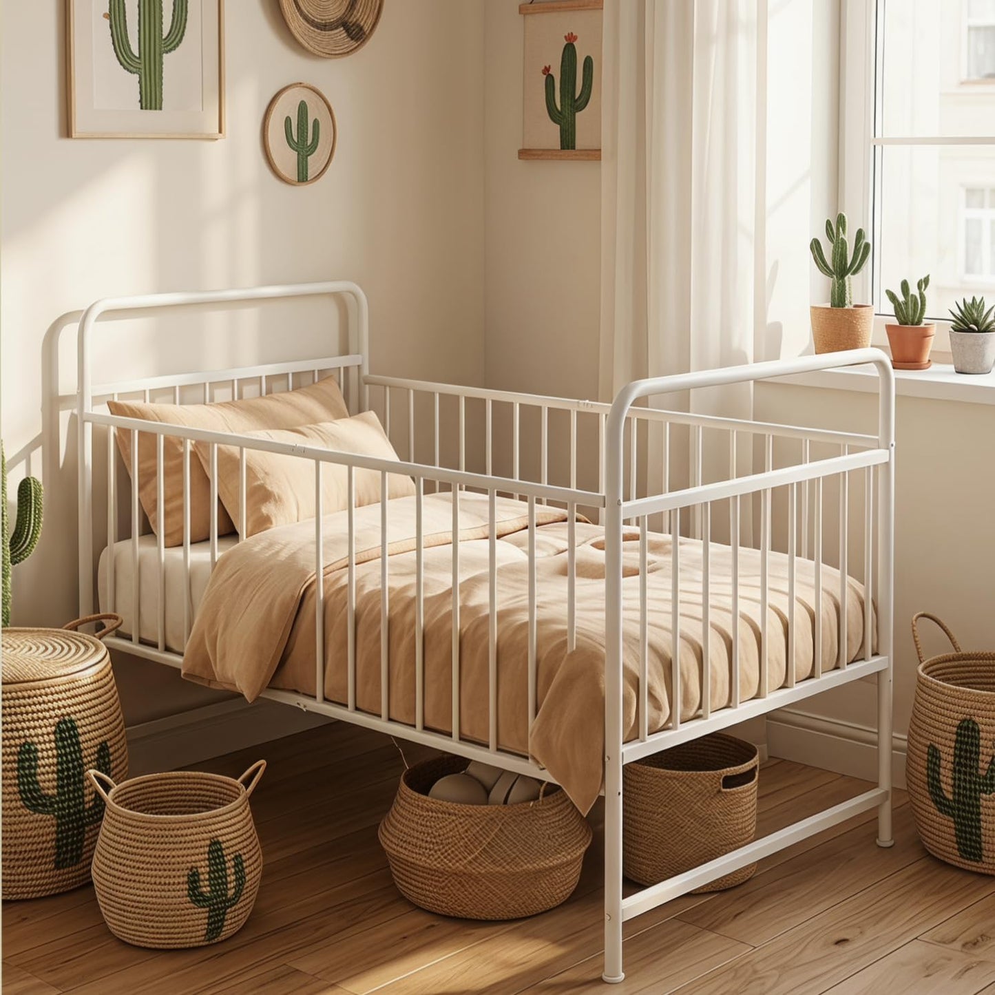 Uzelia Cuna Convertible para Bebé 4 en 1, Cuna para Bebé de Metal con Barandales de Seguridad, Cama Infantil, Daybed y Sofá para Niños, Estructura Resistente con Almacenamiento Inferior, Blanco