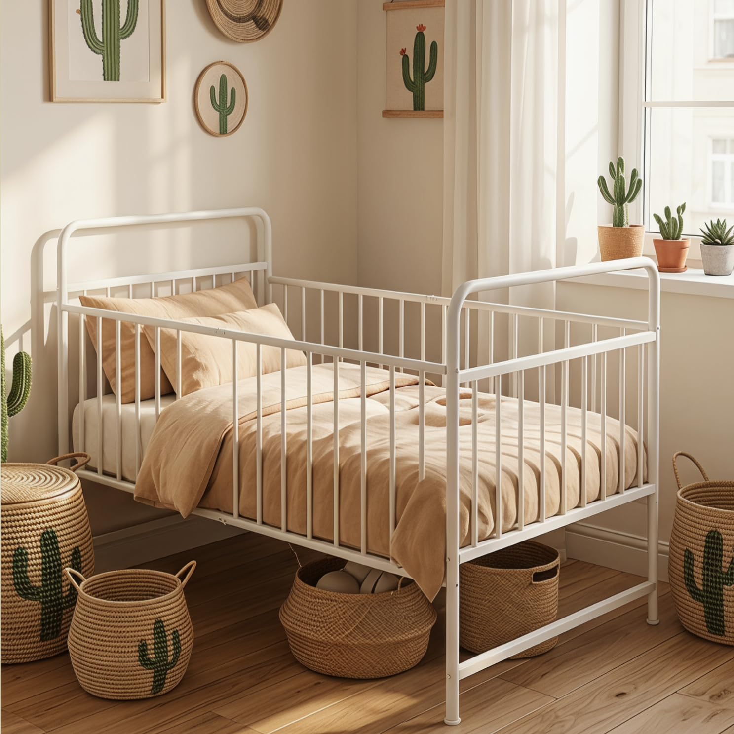 Uzelia Cuna Convertible para Bebé 4 en 1, Cuna para Bebé de Metal con Barandales de Seguridad, Cama Infantil, Daybed y Sofá para Niños, Estructura Resistente con Almacenamiento Inferior, Blanco