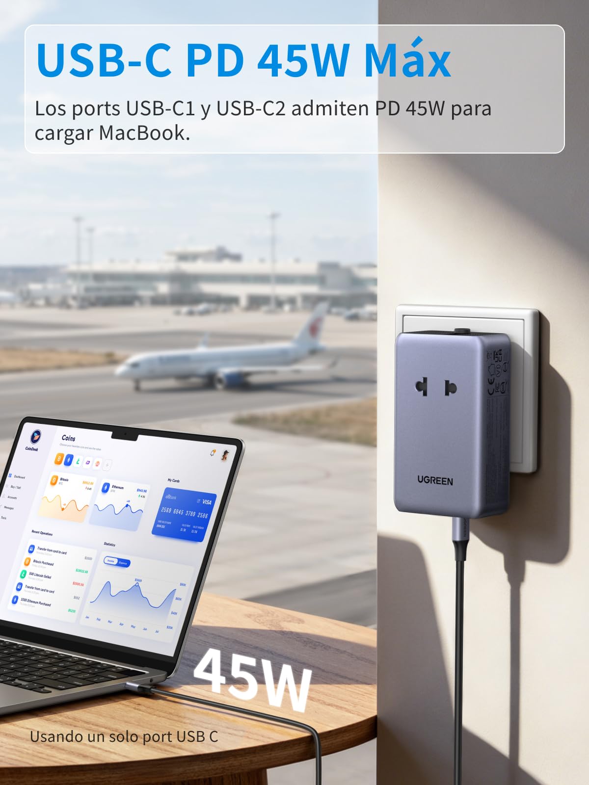 Adaptador Universal de Viaje UGREEN Europeo PD 45W GAN 6 en 1