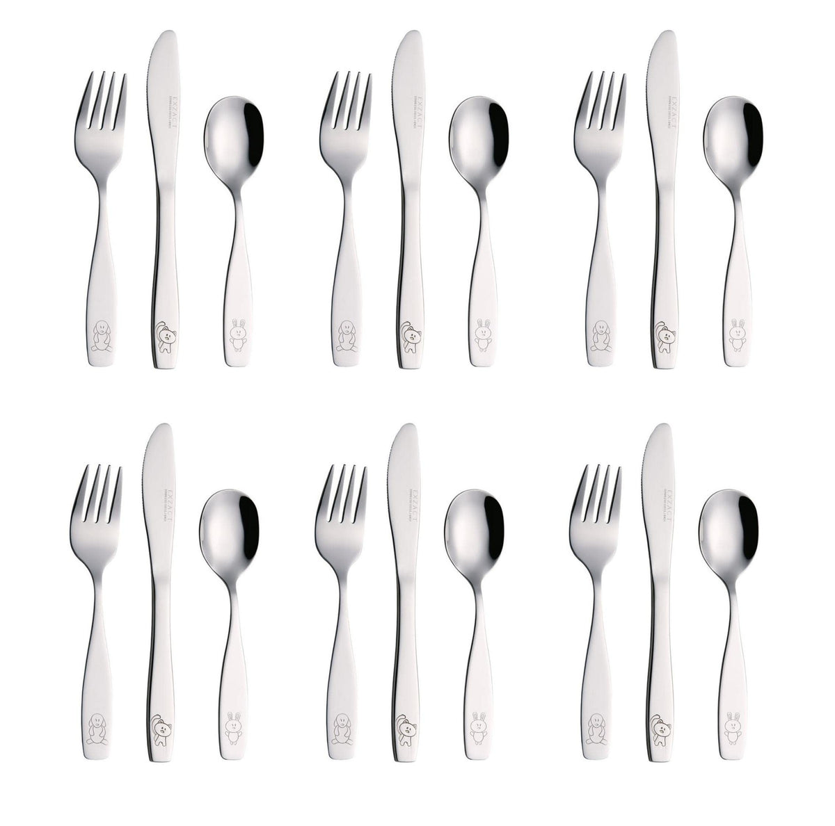 Exzact Stainless Steel 18 Pieces Childrens Flatware/Kids Silverware/Cutlery Set - 6 x Safe Forks, 6 x Safe Table Knives, 6 x Tablespoons - Safe Toddler Utensils (Engraved Dog Cat Bunny)