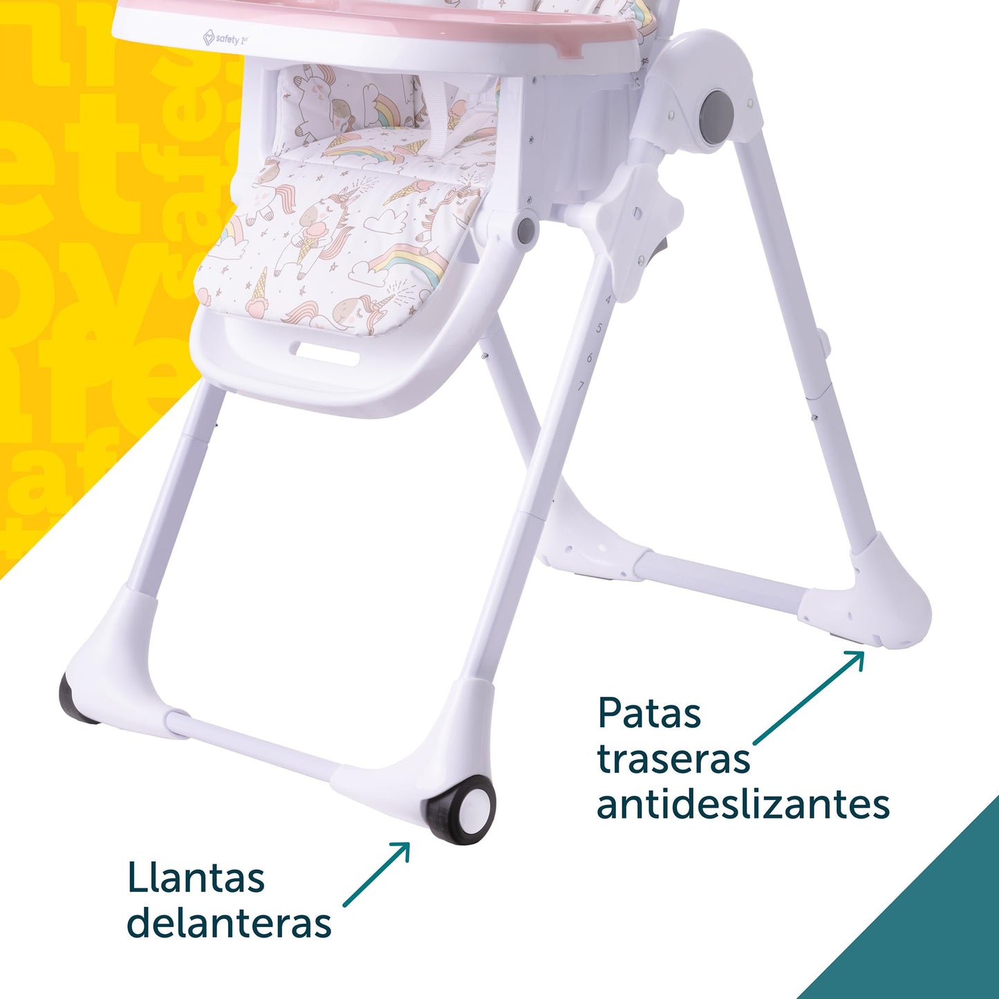 Safety 1st Silla Alta Periquera Tavola, Unicornios, 7 posiciones de altura, 3 de reclinación, reposapiés ajustable, doble charola, plegado compacto.