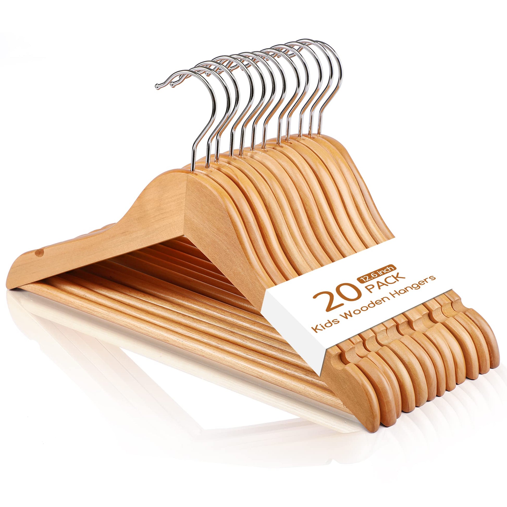 Cozymood - Perchas de madera para niños, paquete de 20 unidades, perchas de madera maciza lisa para bebé, perchas de 12.6 pulgadas con barra de pantalones antideslizante, muescas de hombro, ganchos