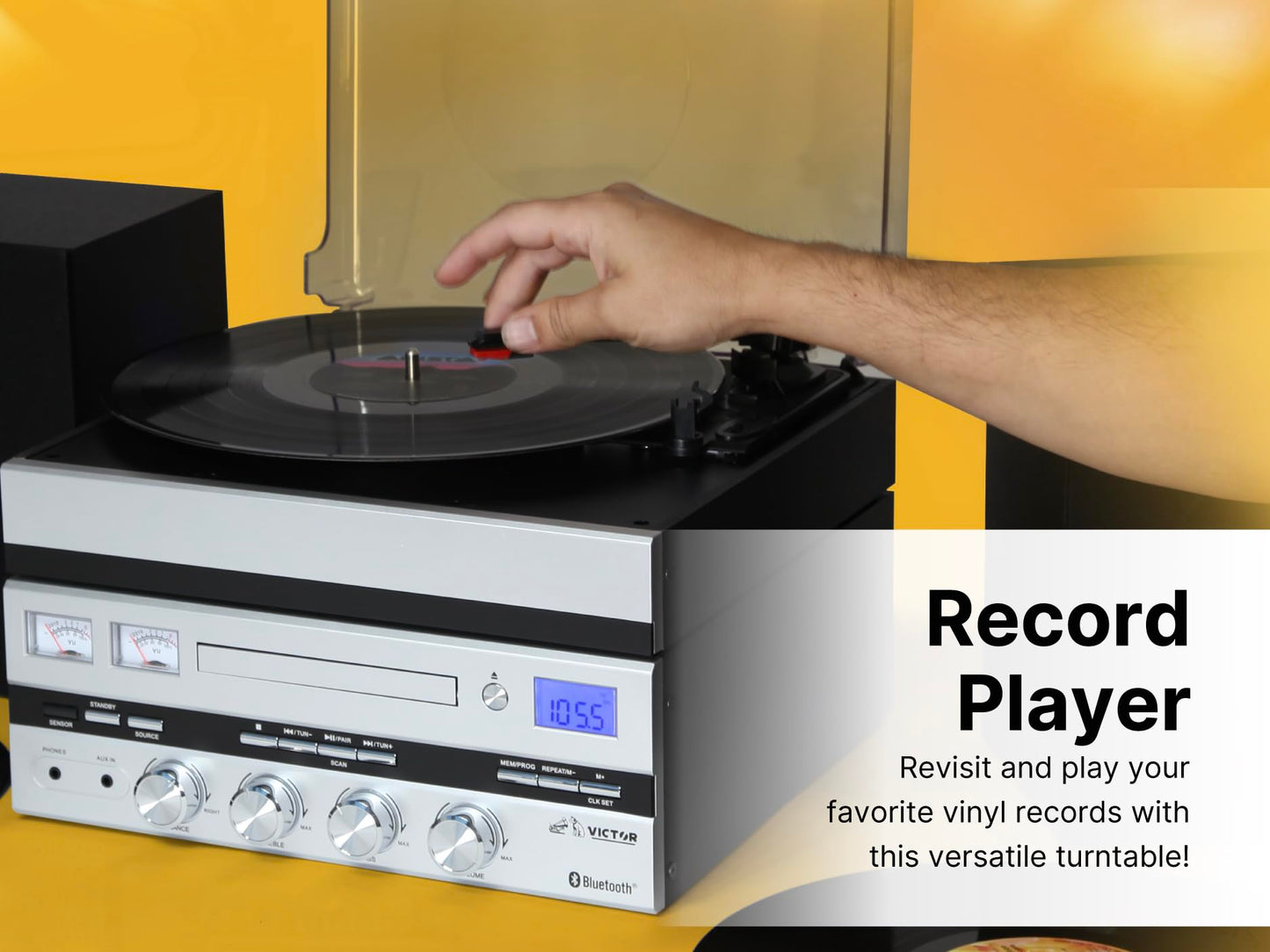 Victor VDTS-5400 Geneva Centro de música 5 en 1 con Bluetooth, Reproductor de CD, Radio FM, reproducción USB, Entrada Auxiliar, Control Remoto y Altavoces estéreo Separados, Perfecto para Amantes de