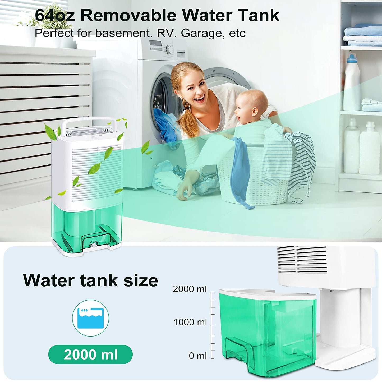 MADETEC deshumidificador actualizados para el hogar, con manguera de drenaje y tanque de agua de 2000ml,para Moldes y Humedad,ideal para sótanos, dormitorio, baño, cocina, RV