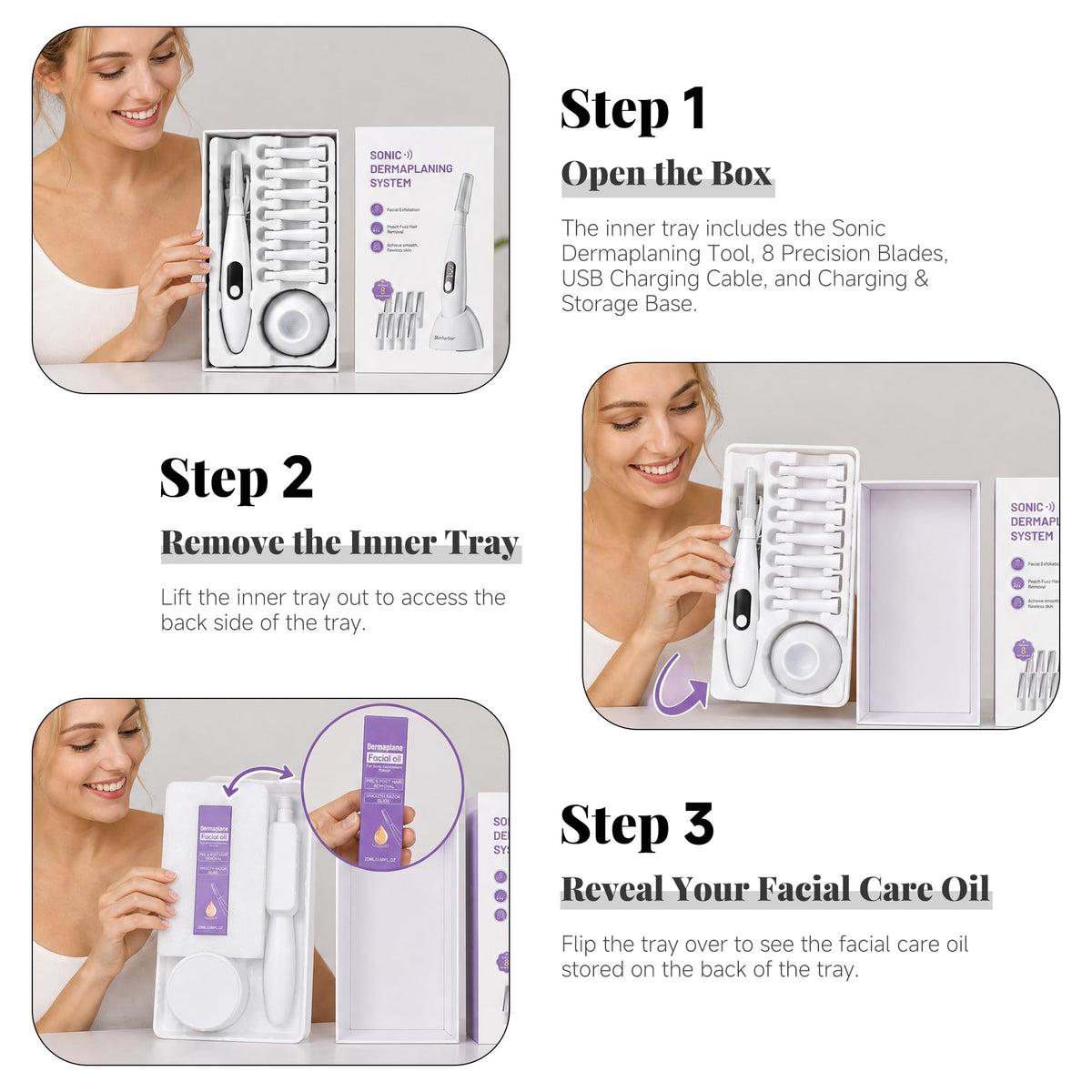 Sonic Dermaplane - Maquinilla de afeitar para mujer, herramienta de dermatiamiento recargable con 8 cuchillas de dermatiamiento y aceite facial, 3 velocidades para eliminar pelusa de melocotón y