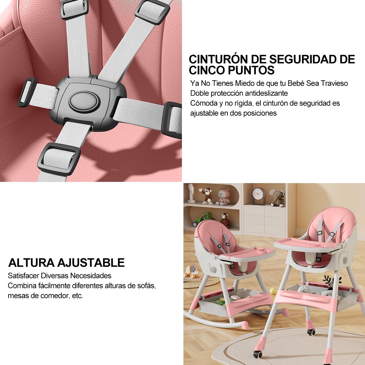 SLNXA Silla Alta para Bebé Multifuncional Silla de Comedor, Sillón y Mecedora en Uno con Ruedas Universales, Plato Llano Doble Extraíble, Cesta de Almacenamiento y Cojín de PU, Ajustable Plegable (Rosa)