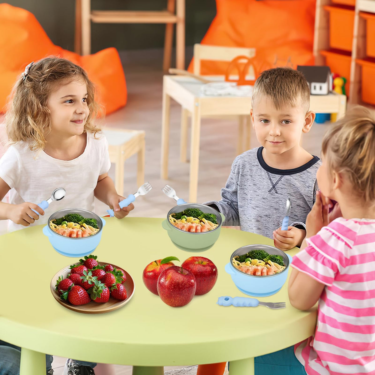 Wesketch Paquete De 2 Tazones De Acero Inoxidable Para Bebé Con Ventosa De Silicona Antideslizante Extraíble, Recipiente Antiescaldaduras Para La Alimentación Del Bebé. Incluye Tenedores Y Cucharas, A