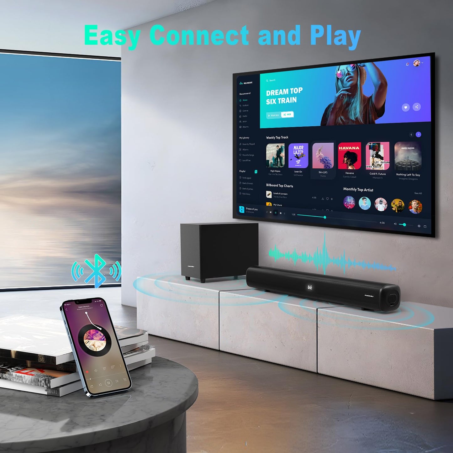Barras de sonido para TV con subwoofer, 2.1 graves profundos 80 W altavoces de rango completo, visualización LED, bajos ajustables, HDMI/USB/AUX, Bluetooth 5.3 TV Soundbar sistema de audio de cine en