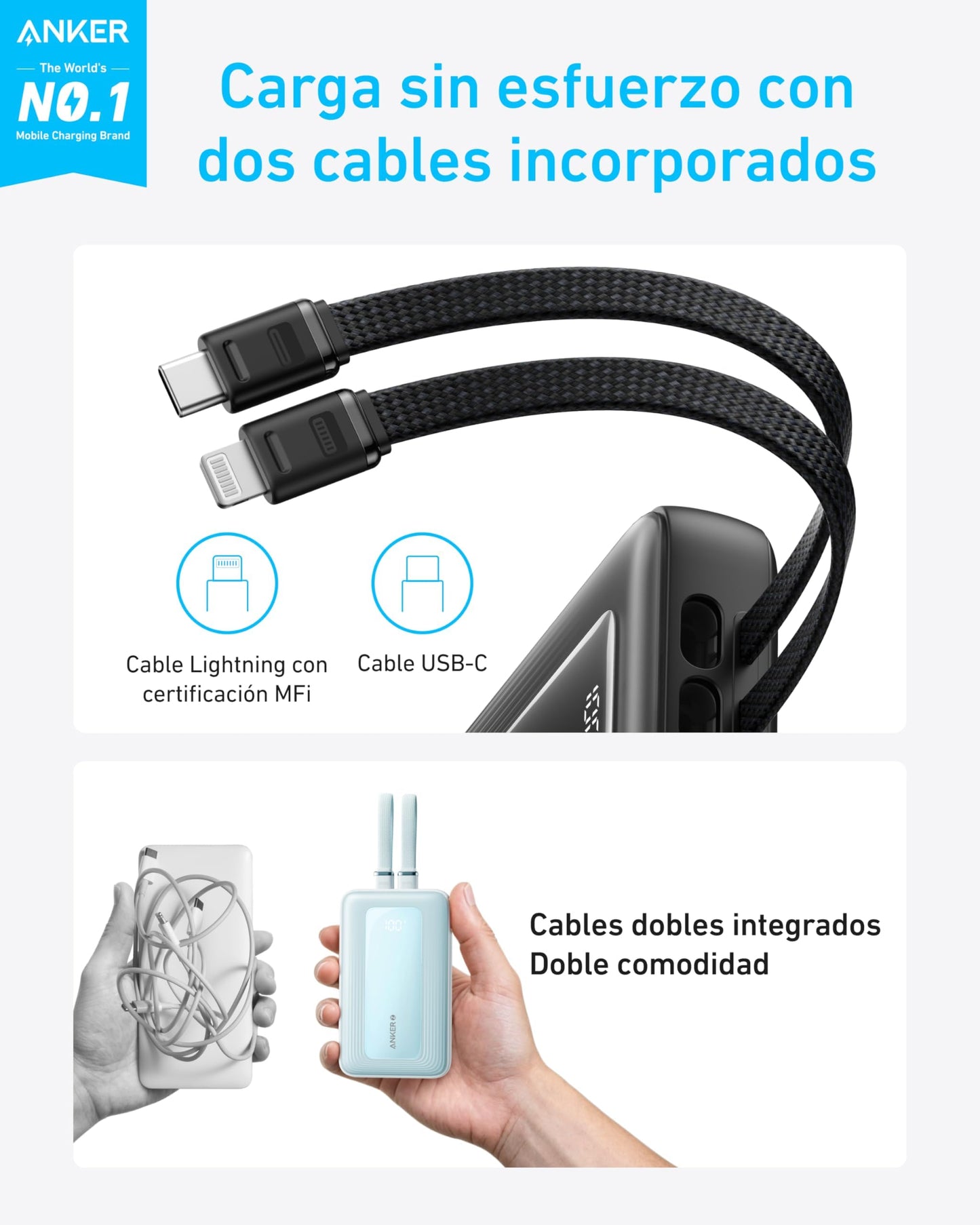 Power Bank Anker Zolo Blanco con Carga Rápida de 30W y Certificación MFI