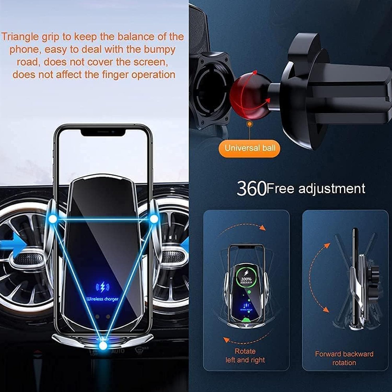 SOZOMO Cargador de Coche Inalámbrico, Soporte de Teléfono paraCoche,Soporte Cargador 2 en 1，15w Cargador De Coche Rapida,para Todos Teléfonos Móviles con Función de Carga Inalámbrica ﻿