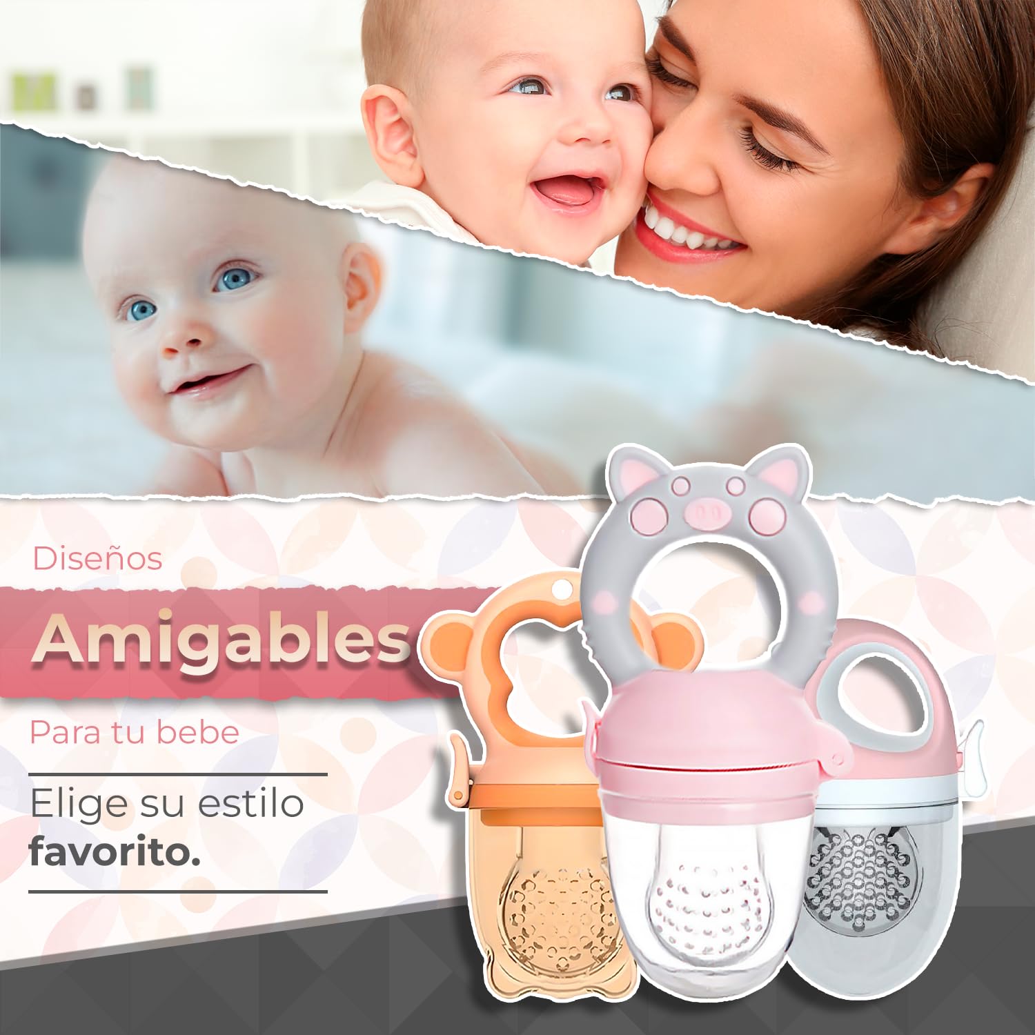 Chupones alimentadores para frutas y papillas con tapa libre de bpa, dibujos animados, 4m+ 3 piezas (pig rosa gris / dino rosa / monkey naranja)