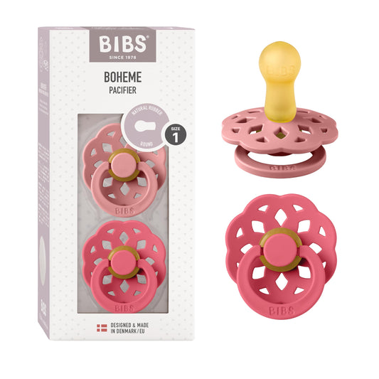 BIBS Chupones Boheme Pack de 2, Tetina redonda de látex natural, Talle 1, Color Dusty Pink/Coral, 0 a 6 meses, Hecho en Dinamarca